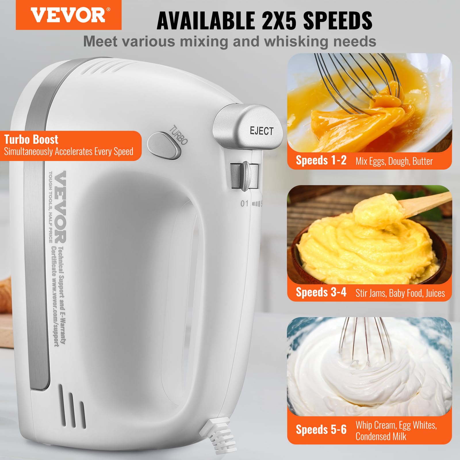 VEVOR Electric Hand Mixer, 5-Speed, 250 Watt Portable Electric Handheld Mixer, with Turbo Boost Beaters Dough Hooks Whisk Storage Case, Baking Supplies for Whipping Mixing Egg Cookie Cake Cream Batter