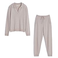 Women's Cashmere Knitted Sweatsuit Set 2 Piece Outfits, Deep V-Polo Pullover & Jogger Sweatpants Keep 37.5°Warm(Khaki,M)