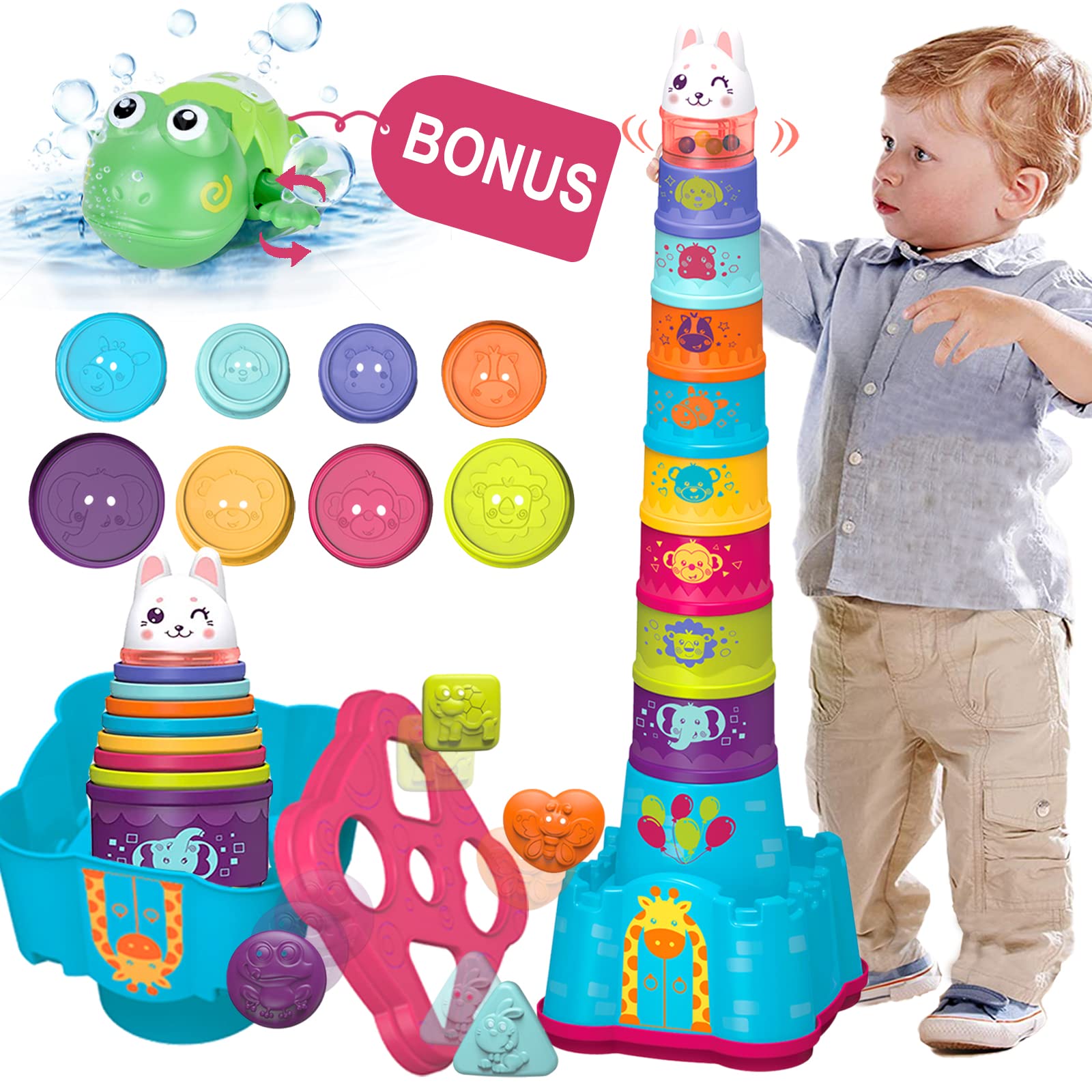 Baby Stacking Toys for Toddlers 1-3, Nesting Cups Shape Sorter for Infant 6 to 12-18 Months, Stackable Blocks Learning Toy with Rattle & Free Frog Bath Toy, Birthday Gifts for Kids 9-12 Month Girl Boy