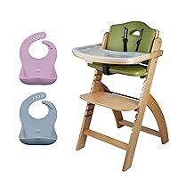 Abiie Beyond Junior Natural Wood/Olive Cushion Convertible 3-in-1 Wooden High Chairs for 6 Months to 250 lbs, and Ruby Wrapp Grey and Pink Lavender Bibs with Front Pocket - Baby Essentials