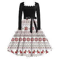Women's Dresses That Hide Belly Fat Round Neck Casual Slim Christmas Printed Long Sleeve Dresses Outfits, S-2XL