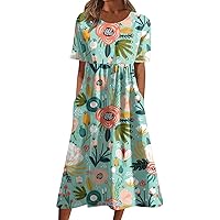 Hem Short Sleeve Pub Classic Dress Woman Summer Ruffle Loose Soft Graphic Cotton Round Neck Pullovers for