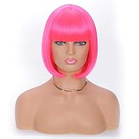 OkeBeauty Hot Pink Bob Wig with Bangs for Women Red Short Bob Wigs 12 inch straight Synthetic Heat Resistant Wigs colorful Bob Wigs Natural Looking