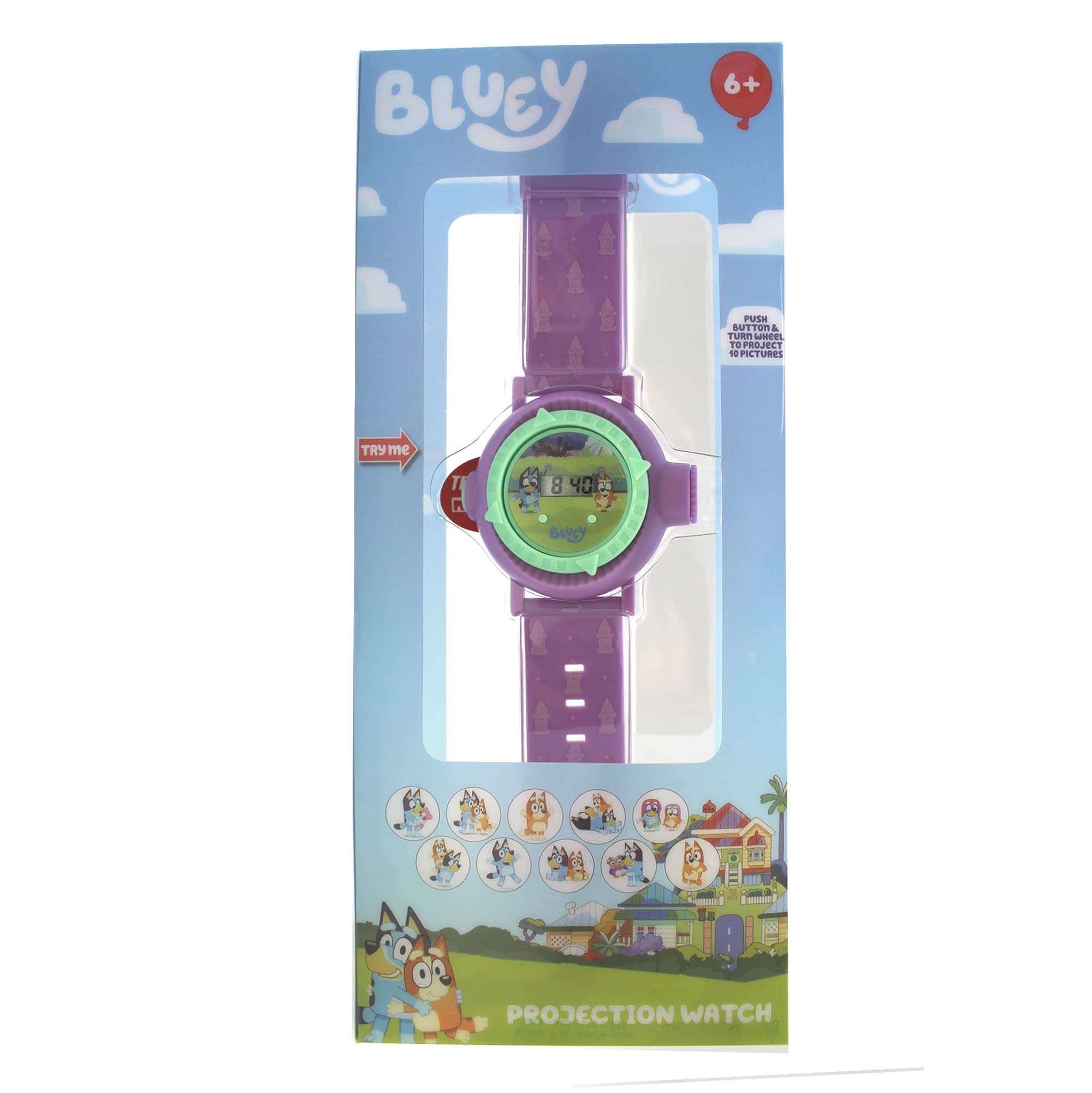 Accutime Kids Bluey Digital LCD Projection Quartz Wrist Watch with 10 Pictures, Purple Strap for Girls, Boys, Kids 3+ Years (Model: BLY4013AZ)