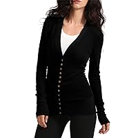 Womens Basic Lightweight Stretch V-Neck Long Sleeve Ribbed Details Snap Button Cardigan Sweater S-3XL