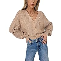 Flygo Women's V Neck Button Down Knitwear Baggy Puff Sleeve Knit Cardigan Sweater