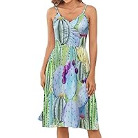 Watercolor Tropical Cactus Women's Summer Dress Spaghetti Strap Swing Sundress V Neck Midi