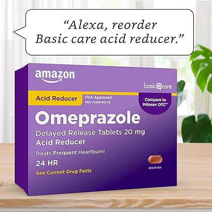 Amazon Basic Care Omeprazole Delayed Release Tablets 20 mg, Acid Reducer, Treats Frequent Heartburn, 42 Count (Pack of 1)