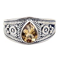 NOVICA Artisan Handmade Citrine Cocktail Ring Polished .925 Sterling Silver with Gem Single Stone India Traditional 'Success Drop'