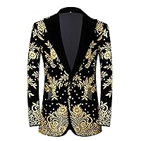 Mens Gold Floral Embroidery Dress Suit Jacket Mandarin Collar Slim Fit Tuxedo Blazers Wedding Party Dinner Man Suit