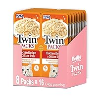INABA Twin Packs for Cats, Shredded Chicken & Broth Gelée Side Dish/Topper Pouch, 1.4 Ounces per Serving, 16 Servings, Chicken Recipe in Chicken Broth