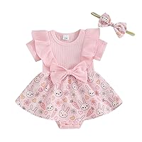 Gueuusu Baby Girl Summer Dress Romper Ruffle Short Sleeve Floral Print Romper Dress with Headband Baby girl Daisy Clothes