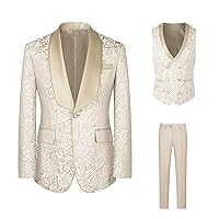 Men's Formal Tuxedo Suit Embroidered Paisley Blazer Jacket Vest Pants Set for Wedding Party,Dinner,Prom