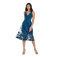 Dress the Population Women's Audrey Spaghetti Strap Midi A-line 3D Floral Dress