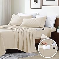 Swift Home Smart Sheets, Ultra Soft Brushed Microfiber 4-Piece Sheet Set, Fitted Bed Sheet with Side Storage Pockets – Cream, Queen