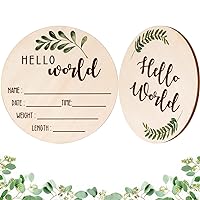 Baby Announcement Sign for Newborn - Beautiful Double-Sided Hello World Newborn Name Sign for Hospital Birth Announcement, The Perfect Round Wooden Welcome Baby Sign for New Baby Boy and Girl Gifts