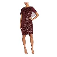 R&M Richards Womens Maroon Sequined Zippered Sheer Capelet Lined Flutter Sleeve Boat Neck Above The Knee Evening Sheath Dress 6
