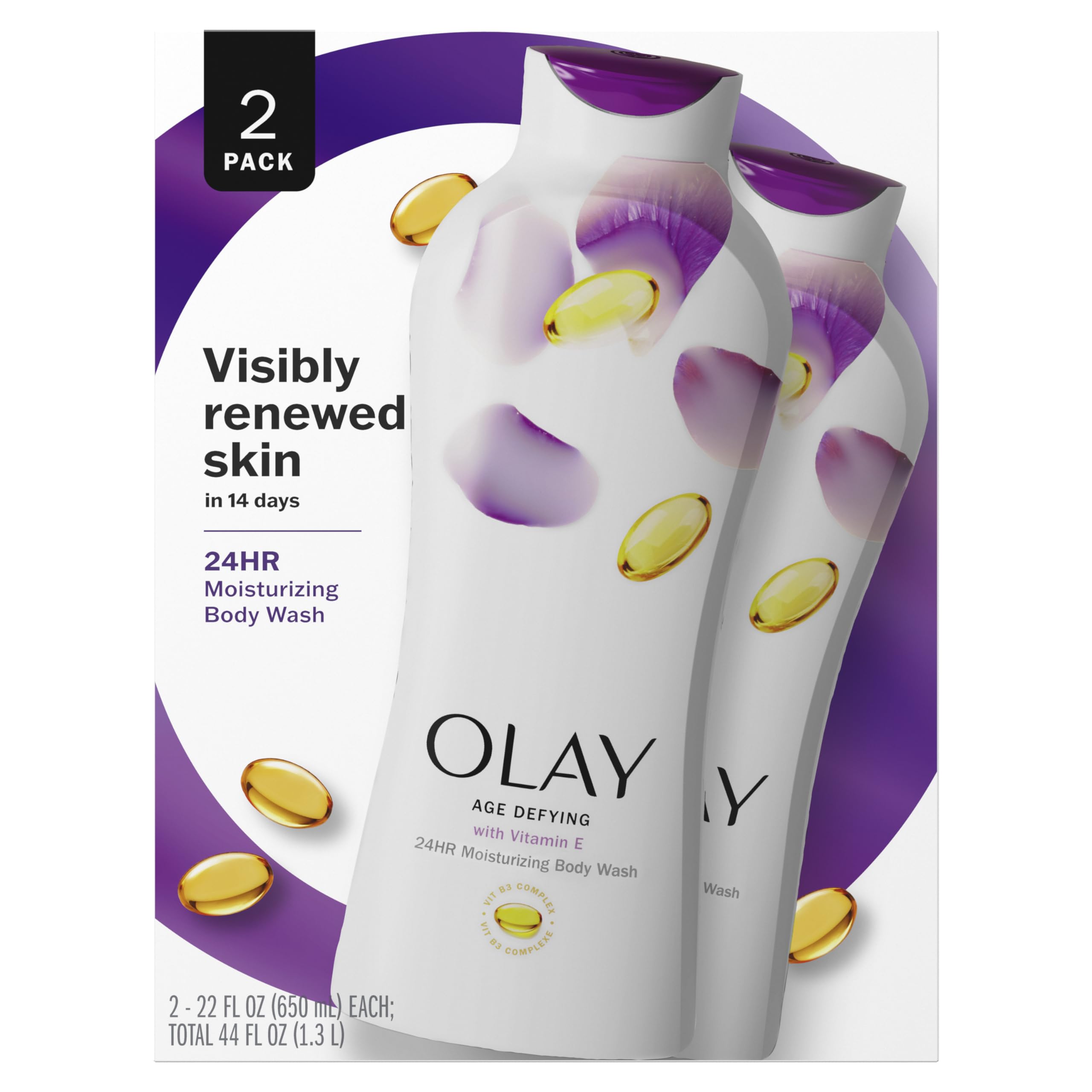 Olay Age Defying Body Wash with Vitamin E & B3 Complex, Moisturizing Visibly Smooth Skin, 22 fl oz, (Pack of 2)