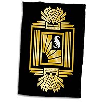 3D Rose Art Deco Monogram Letter S-Gold Effect and White On Black Background Hand Towel, 15