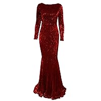 Women's Green Long Sleeve Mermaid Sequin Evening Gown Burgundy Crew Neck Stretch Party Formal Maxi Dress