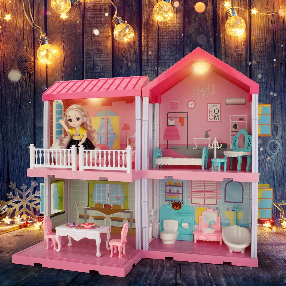 Elf Lab Dollhouse Dreamhouse Building Toys, Princess Doll House, Playset with Lights, Furniture, Accessories and Dolls, Cottage Pretend Doll House Set, DIY Creative Gift for Girls Toddlers (4 Rooms)