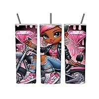 Tumbler with Lid and Straw Girl Pink Motorcycle Design Stainless Steel Insulated Travel Skinny Tumbler Mug Gift for Women (20 oz)