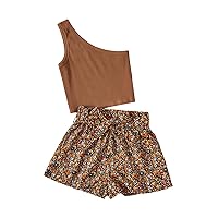 Floerns Girl's 2 Piece Outfit One Shoulder Knit Top and Ditsy Floral Print Belted Shorts Sets