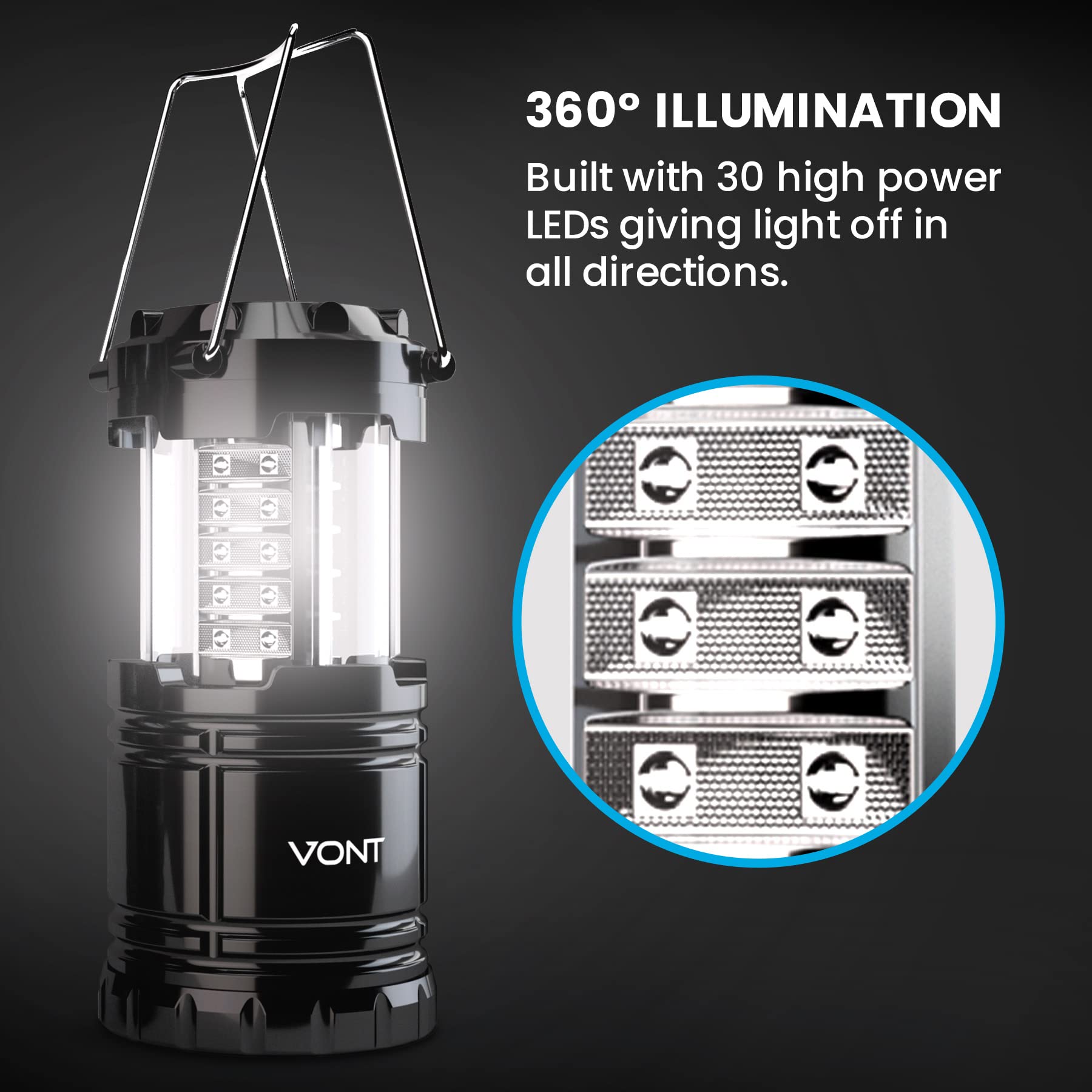 Vont LED Camping Lantern, LED Lanterns, Suitable Survival Kits for Hurricane, Emergency Light for Storm, Outages, Outdoor Portable Lanterns, Black, Collapsible, (Batteries Included)