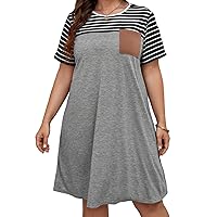 COZYEASE Women's Plus Size Striped Print Pocket Tee Dress Round Neck Short Sleeve T Shirt Straight Dress