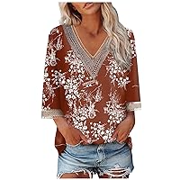 Tunic Tops with 3/4 Sleeves T Shirts for Women Summer V Neck Lace Crochet Flowy Casual Blouses Floral Graphic Tee