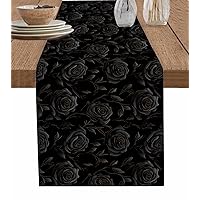 Luxury Black Rose Table Runner 72 Inches Long for Dining Table, Washable Cotton Linen Farmhouse Table Runners Dresser Scarf for Kitchen Party Holiday Vintage Garden Plants Herbs Flowers 13x72in