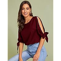 Womens Summer Tops Sexy Casual T Shirts for Women Knot Split Sleeve Pearls Beaded Top (Color : Burgundy, Size : X-Large)