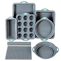 To encounter 8 in 1 Silicone Baking Set - 6 Silicone Molds - 2 Silicone Baking Mat, Nonstick Cookie Sheet, Cake Muffin Bread Pan with Metal Reinforced Frame More Strength, Light Grey