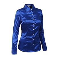 Womens Lightweight Long Cuff Sleeve Button Down Office Satin Silk Shirt (S-3XL)