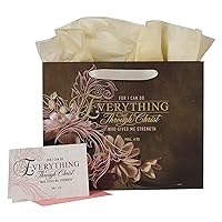 Christian Art Gifts Decorative Large Landscape Gift Bag w/Card & Tissue Paper Set for Women: Everything Through Christ - Phil. 4:13 Inspirational Bible Verse Golden Floral, Pastel Pink & Iris Brown