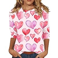 Casual Tops for Women Valentines Day Floral Print 3/4 Sleeve Shirts Cute Crewneck Graphic T Shirts Trendy Clothes