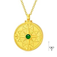 Gold Emerald Cremation Jewelry for Ashes, Personalized Gold Sunflower/Lotus/Rose/Cross/Medal Round Ashes Locket Necklace Natural Gemstone Urn Necklace Custom Dainty Gold Chain