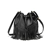 Leather Bucket Bags for Women Crossbody Purses with Drawstring Ladies Tassel Hobo and Shoulder Handbags Black