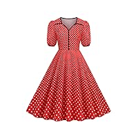 EFOFEI Women 50s Retro Polka Dot Swing Dress Rockabilly Solid Color Dress High Waist Puff Sleeve Dress