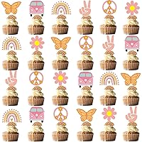 48Pcs Hippie Cupcake Toppers for Two Groovy Birthday Party Supplies Boho Rainbow Theme Party Cake Decorations (Hippie)