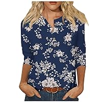 Women's 3/4 Sleeve Blouses Cute Flowers Print Graphic Tees Blouses Casual Plus Size Basic Tops Pullover Tees