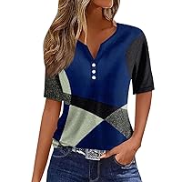 Tops for Women Trendy V Neck Button Down Y2k Tops Printing Short Sleeve Clothes Trendy Vacation Tunic Tops