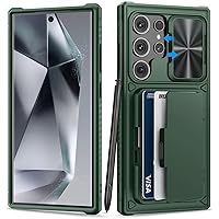 for Samsung Galaxy S24 Ultra Case with Card Holder (Store 4-5 Cards) & Kickstand & Slide Lens Cover, Military Grade Drop Protection, Rugged Silicone Wallet Case for Samsung S24 Ultra 2024, Green