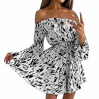 Women's Boho Flowy Long Puff Sleeve Off The Shoulder Summer Casual Print Ruffle Slim Mini Dress with Belt