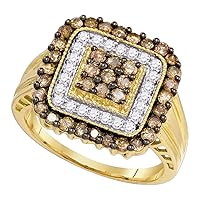 TheDiamondDeal 10kt Yellow Gold Womens Round Brown Diamond Square Cluster Ring 1.00 Cttw