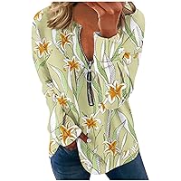 Womens Tunic Tops, Women's Sports T Shirts Long Sleeve V-Neck Zipper Casual Printed Tops Oversized Casual Loose Tops
