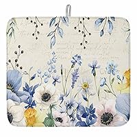 Blue Spring Floral Dish Drying Mat for Kitchen Counter, Summer Botanical Flowers Vintage Baby Bottle Microfiber Drying Pad, Absorbent Coffee Cup Dishes Drainer Mats 16