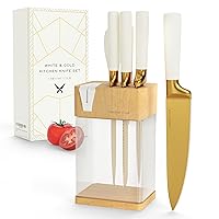 Stainless Steel White and Gold Knife Set with Block - 7 Piece Gold Kitchen Knife Set with Durable Clear Knife Block and Sharpener - Vibrant White Knife Set with Scissors and Cleaning Wipe
