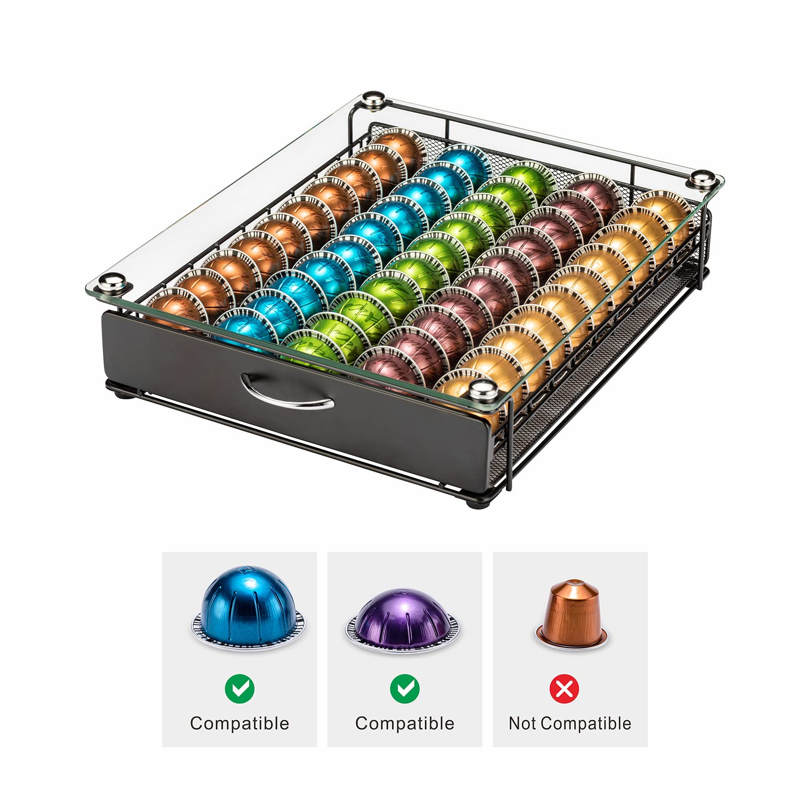 Rice rat Vertuo Capsule Holder Drawer for Nespresso With Glass For Cabinet Vertuoline Pod Storage Rack For Counter (Class-50 Pods（With handle）)