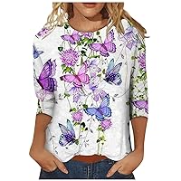 Spring Clothes for Women, Graphic Tees for Women Athletic Tops for Women Women's Fashion Daily Versatile Casual O-Neck Three Quarter Sleeve Printed Top Funny Workout Shirts Biker (Purple,S)